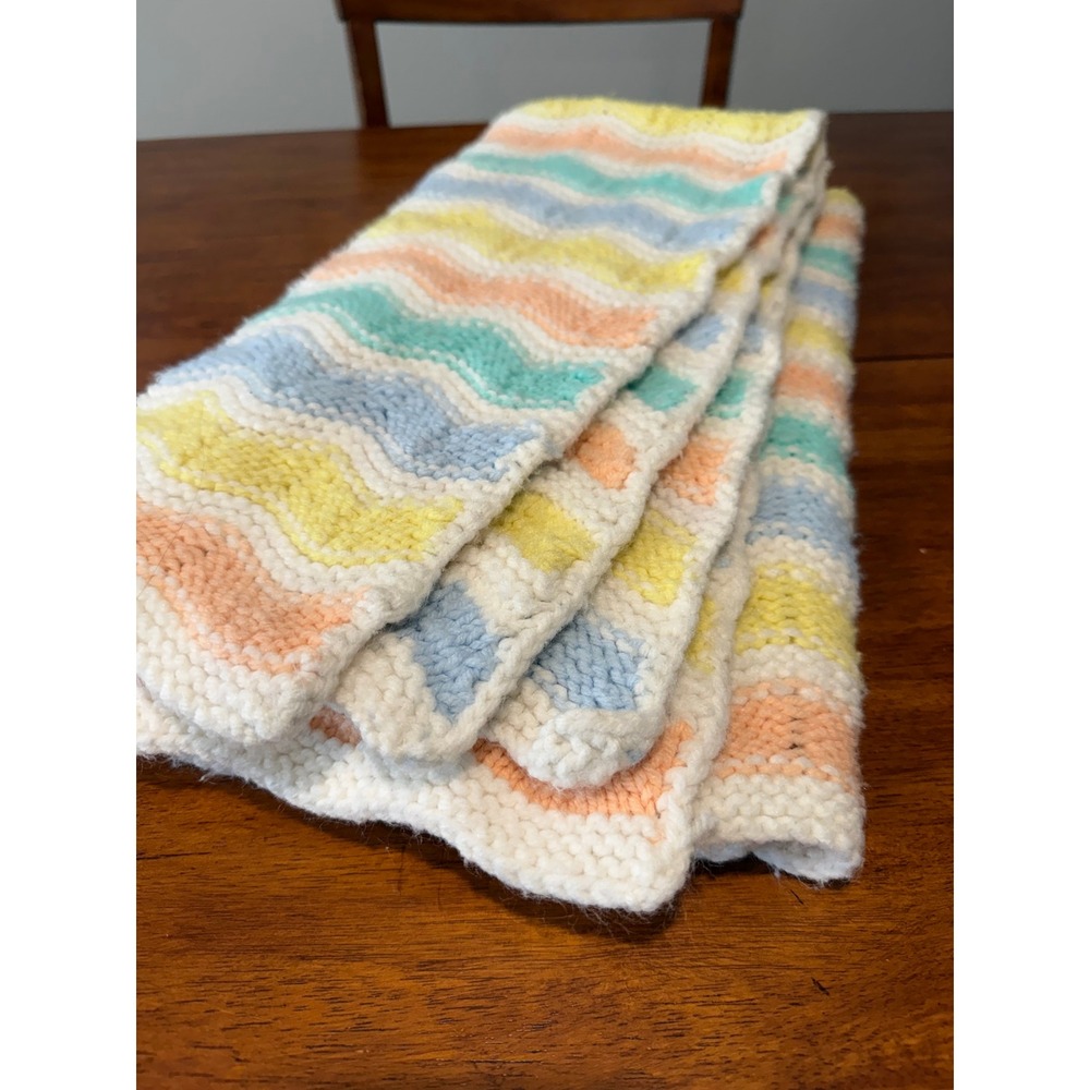 Handmade Pastel Chevron Knit Baby Blanket Blue Yellow 37 x 37 Afghan VTG ZigZag